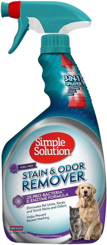 Simple Solution Stain & Odor Eliminator for Pets, Dog Stain Remover, Cat Urine Cleaner, Carpet Deodorizer, Pet Odor Eliminator for Home, Urine Destroyer, Carpet Cleaner Spray, Fresh Floral, 32 oz