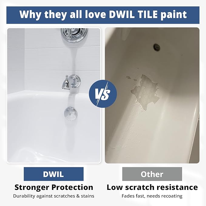DWIL Tub Paint, Tub and Tile Refinishing Kit with Tools, White Bathtub Paint Water Based &Low Odor, Easy to Use for Sink Bathroom Shower, Semi-Gloss White 35oz/50-55sq.ft