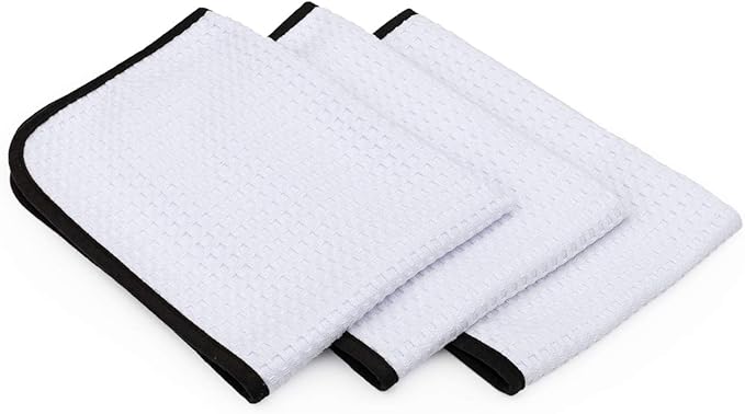 The Rag Company Dry Me A River, Professional Korean 70/30 Blend Microfiber Waffle-Weave Drying & Detailing Towels, Soft Suede Edges, 390 GSM, 16x24 Inches, White, 3-Pack