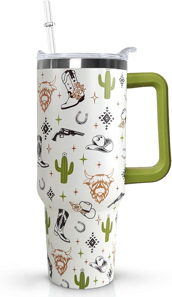 Ceovfoi 40 Oz Western Tumbler With Handle, Cow Skull Coffee Travel Mug Cup Water Bottle, Western Decor, Gifts for Women