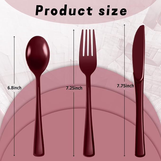 Plastic Silverware 150 PCS Disposable Silverware Heavy Duty Utensil Sets 50 Of Each Forks Knives & Spoons Disposable Cutlery Set For Easter,Birthday,Baby Shower,Garden Party,Wedding(150,Burgundy)