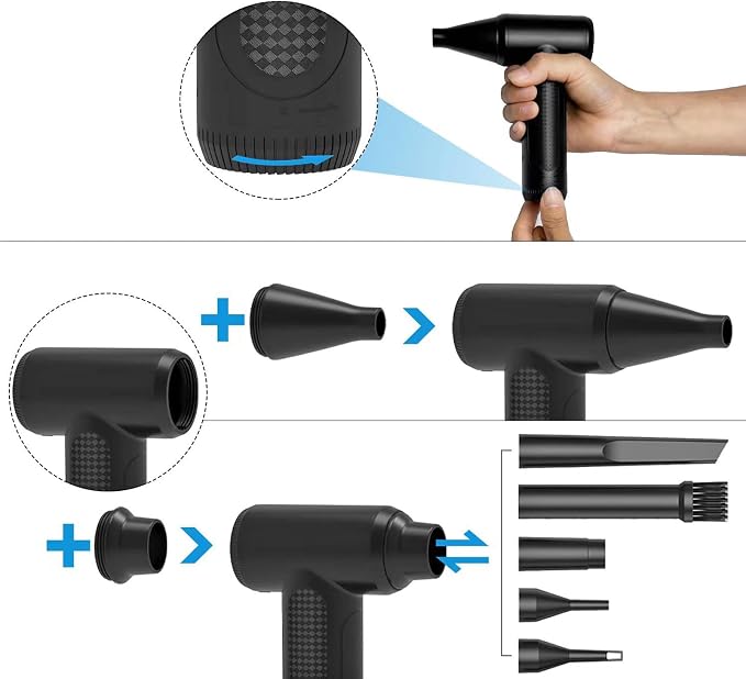 Cordless Air Duster, Brushless High Speed Electric Blower with 80000RPM Stepless Speed Control Rechargeable Deep Cleaning Tool for Keyboard Car ABS PC 5 Nozzles 1 Brush