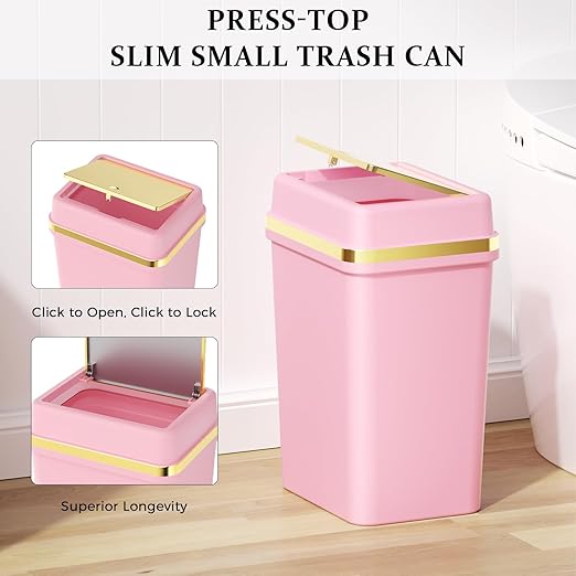 3 Pack Bathroom Trash Can with Lid 4 Gallon Small Trash Can with Press Top Lid Bathroom Garbage Can with 150 Counts Trash Bags for Kitchen Bedroom Office(White Pink Green)
