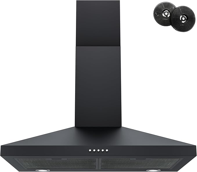 FIREGAS Black Range Hood 30 Inch, Wall Mount Kitchen Hood Ducted/Ductless Convertible, 450 CFM, 3-Speed Exhaust Fan, Stainless Steel Stove Vent for Kitchen with LED Lights, Charcoal Filters