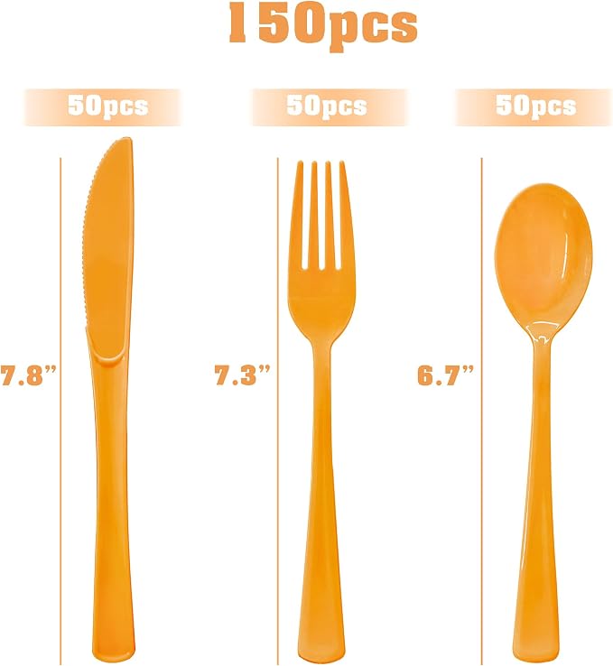 150 Pcs Orange Plastic Silverware, Orange Plastic Cutlery Disposable Includes 50 Forks, 50 Spoons, 50 Knives for Baby Shower, Birthday, Party, Holiday