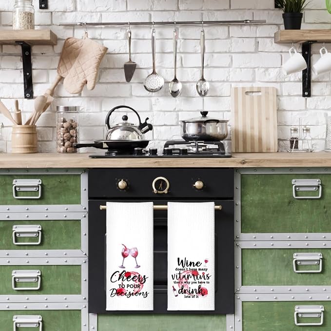 Cheers to Pour Decisions Funny Kitchen Towels 2 Pack, Sweet New House Gift for The Hostess, Christmas Birthday Housewarming Gift for Mom Grandma Sisters Neighbors Friends