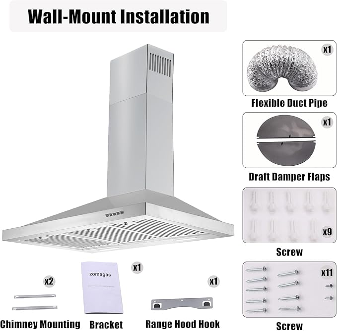 36 inch Range Hood, Wall Mounted Vent Hood in Stainless Steel, Ducted/Ductless Kitchen Hood w/Push Button Control, 3 Speed Exhaust Fan, 3 Pcs Baffle Filters, Energy Saving LED Light