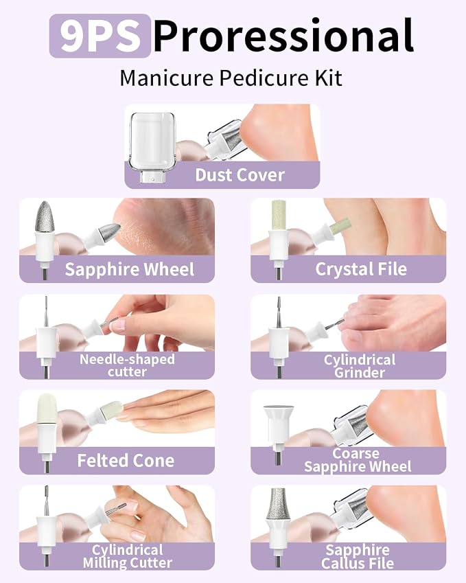 Manicure Pedicure Kit with Case, Professional Nail Grinder for Senior Thick Toenail, Cordless Electric Nail File, 5 Speeds Pedicure Tools for feet Callus Remover (Purple)