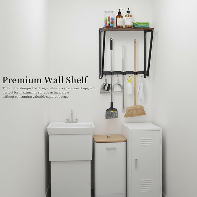 Broom Holder Wall Mount with 3 Storage Slots & 4 Utility Hooks, Rustic Wood All-in-One Mop Hanger, Cleaning Supplies Organizer and Tool Storage Rack for Laundry Room, Kitchen, Garage, Garden, Closet