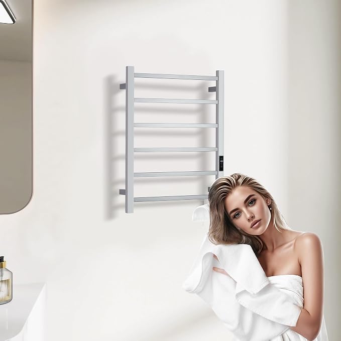 Heated Towel Racks for Bathroom, Wall Mounted Electric Towel Warmer Racks with Timer & Temperature Control, Stainless Steel Towel Heater for Bathroom (Square-Brushed 6 Bars)