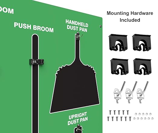 Clean & Sweep 5S Shadow Board/Wall Mount Broom Holder, 68" x 30" Board, 5S Cleaning Station - with Broom and Dustpan Set Included, Made in The USA by AccuformNMC, Green/Black, PSB116GNBK