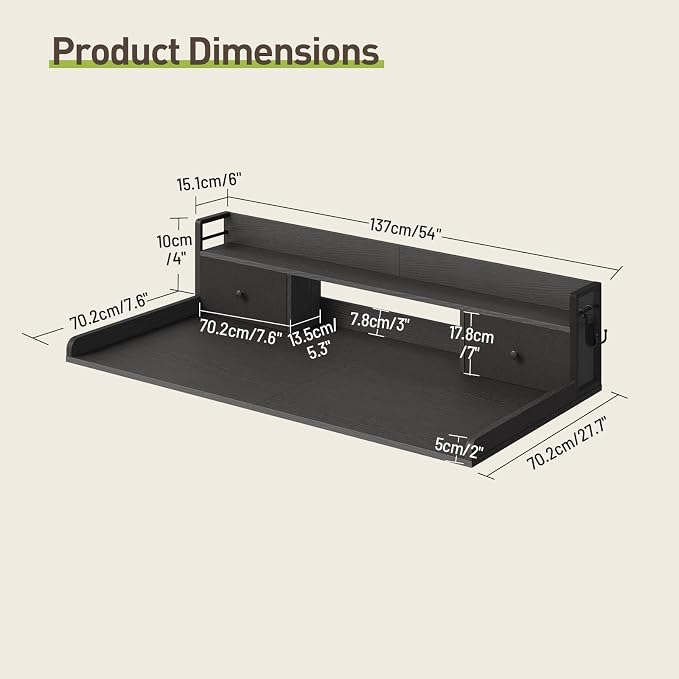 2-Tier Washer Dryer Countertop with 2 Drawers & Shelf, 2 Hooks, 27.7" D x 54" W Laundry Topper, Wooden Washer and Dryer Shelf for Folding Clothes and Storage, Easy to Install, Black