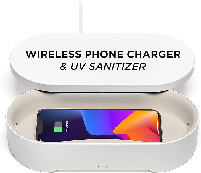 Lexon UV Phone Sanitizer Machine & Wireless Charger - OBLIO Box QI Fast Charging and 360° UV-C Light Cellphone Cleaner, Glasses, Keys, Makeup Brush, Tools, All that Fits in - White