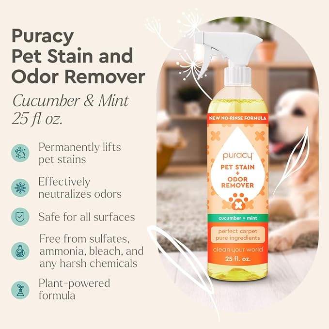 Puracy Pet Stain and Odor Remover and Stain Remover Spray Bundle - Enzyme Cleaner for Dog Urine and Poop Carpet (Cucumber & Mint, 25oz) Travel Laundry Stain Cleaner for Clothes (Free & Clear, 12oz)