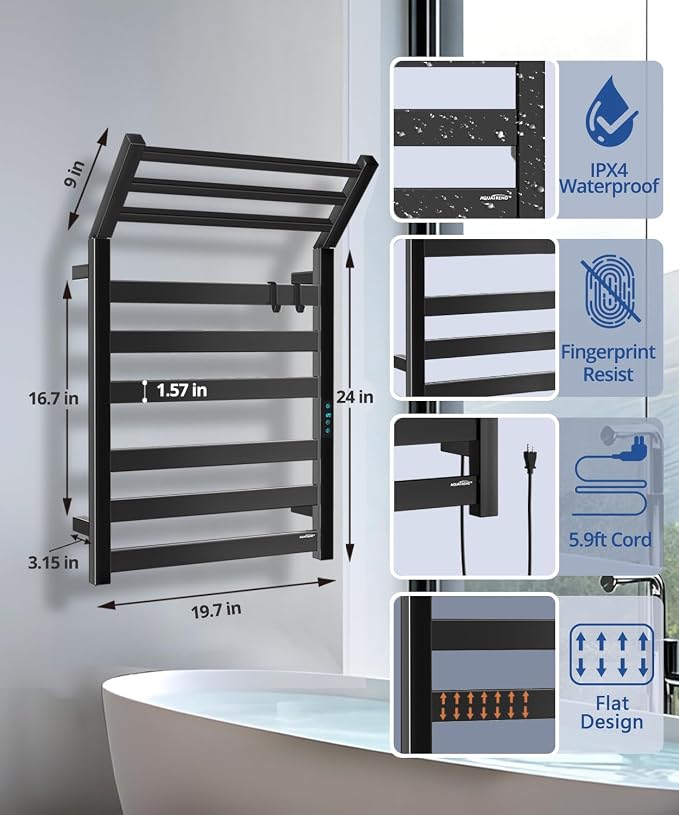Towel Warmer Rack with WiFi, 6 Bars Large Towel Racks with Temperature & Timing Control, Foldable Bracket, Digital Display, Stainless Steel, Plug-in, Wall Mounted, Black