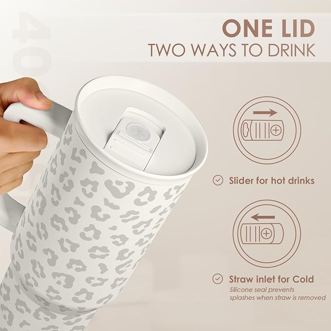 SANDJEST Leopard Tumbler with Handle, Insulated Cup Stainless Steel Travel Mug Cup, Gifts for Women Girl on Birthday Christmas, Cream Leopard, 40oz