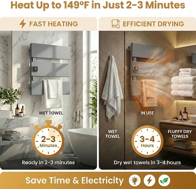 L Series Electric Towel Warmer for Bathroom, 3 Panel, Gun Gray | Thermo Control and Timer, Fast Heat in 3 Mins, Dry Towels in 4 hrs, Memory Function, Work with Smart Plug, Left-Wiring