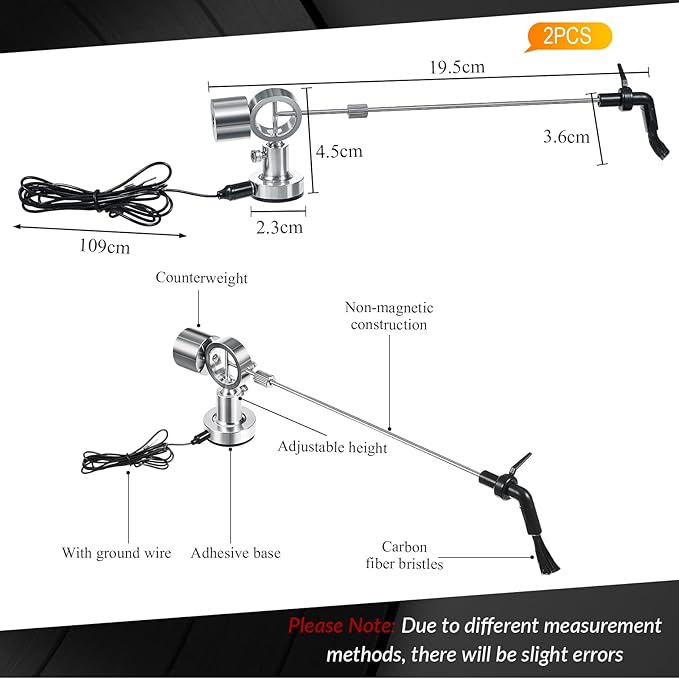 Tellegloww 2 Set Adjustable Anti-static Cleaning Arm and Carbon Fiber Cleaning Brush for Vinyl Record, Universal Fit Turntable LP Accessories Automagically Removes Dust and Static As LP Plays