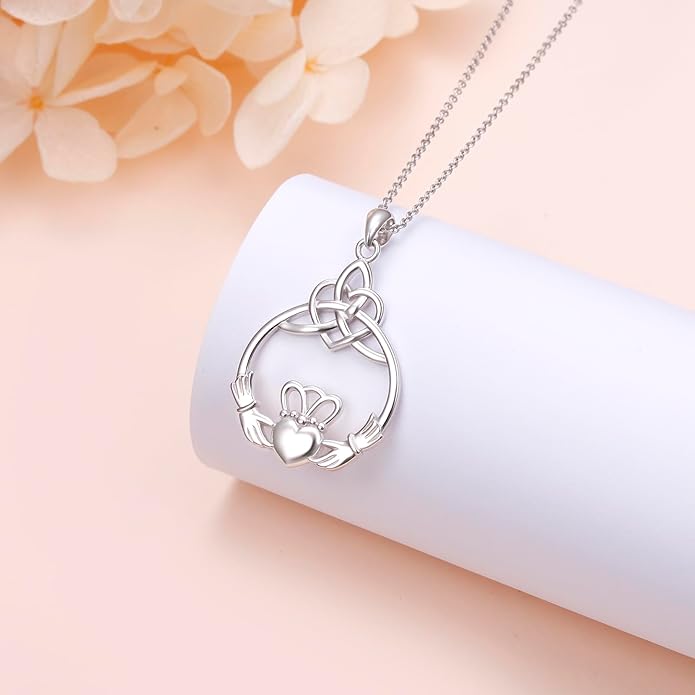 FLYOW 925 Sterling Silver Good Luck Irish Jewelry Celtic Knot Pendant Necklace for Women Birthday Graduation Gift