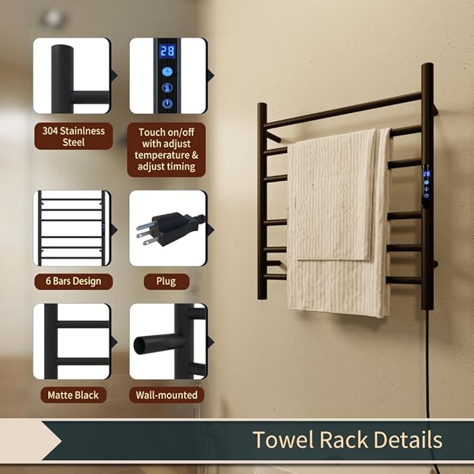KWW Heated Towel Rack, Remote Control with APP Tuya, Towel Warmer with Timer, Wall Mounted Hot Towel Warmer for Bathroom (Matte Black, 5 Bars)