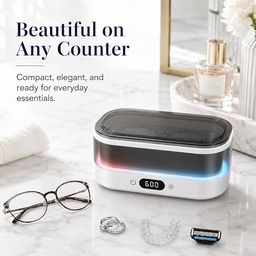Ultrasonic Cleaner for Jewelry, Glasses & Retainers, 48kHz Sonic Cleaning Machine with 7-Color LED Ambient Light, Digital Timer, Quiet Deep Cleaner for Rings, Dentures & Watches（White）