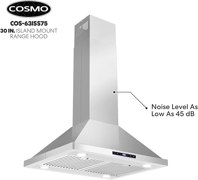 COSMO COS-63ISS75 30 in. Lumin Collection 380 CFM Ducted Island Range Hood, Soft Touch Controls, LED Lights, Stainless Steel
