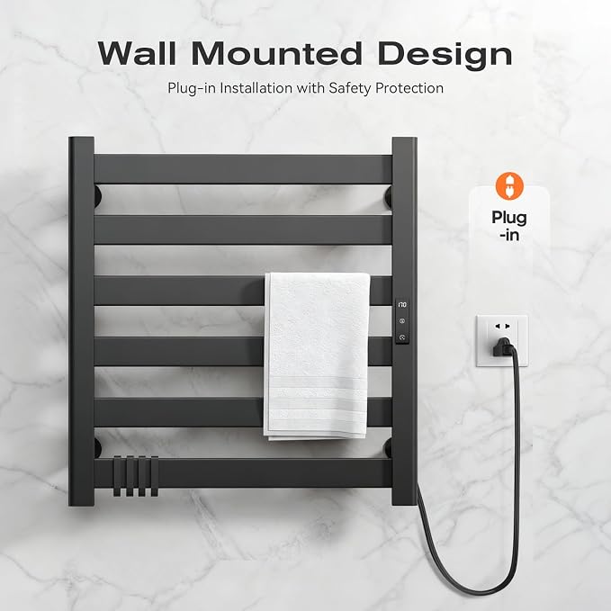 Heated Towel Rack for Bathroom - 6 Bars Towel Warmer Rack Wall Mounted with Intelligent Touch Screen Timer & Temperature Multi-Level Adjustments for Bathroom Shower Hot Tub Spa, Black