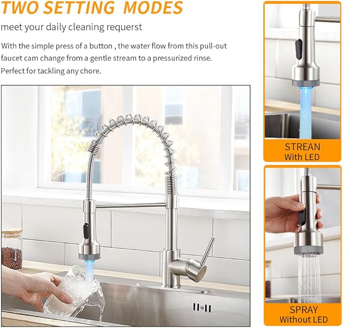 LED Light Kitchen Faucet with Pull Down Sprayer Sus304 Stainless Steel Industrial Single Handle Faucet for Farmhouse Camper Laundry Utility Rv Wet Bar Sinks Brushed Nickel 9003SN