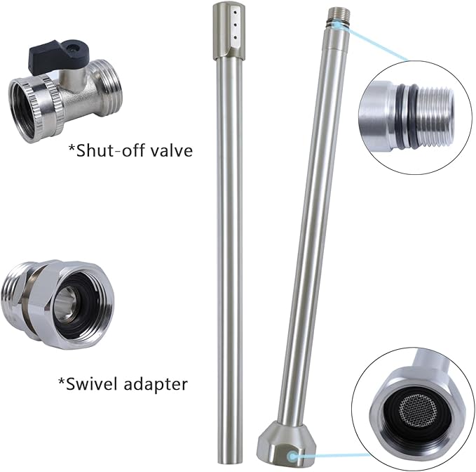 All-Metal RV Toilet Wand with Shut-Off Valve, RV Black Tank Cleaning Wand with 360 Degree Swivel Adapter and Power Nozzle (Double-sided nozzles)