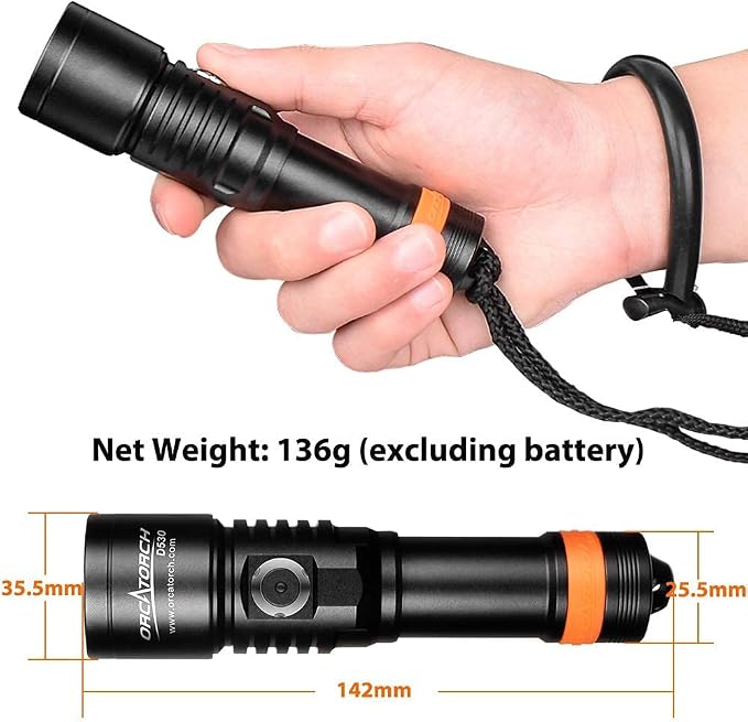 ORCATORCH D530 Scuba Dive Light 190 Lumens, Titanium Alloy Diving Flashlight with Waterproof IP68, Diving Flashlight 2 Lighting Modes for Underwater 150m Diving (Red Light