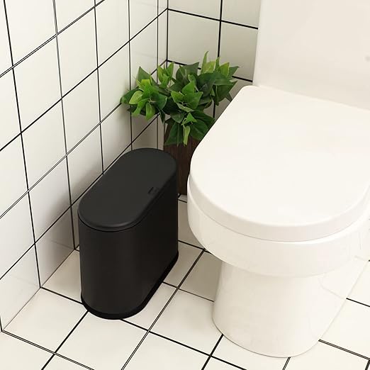 PENGKE Slim Plastic Trash Can,2.7 Gallon Garbage Can with Press Top Lid,Black Modern Waste Basket for Bathroom,Living Room,Office and Kitchen