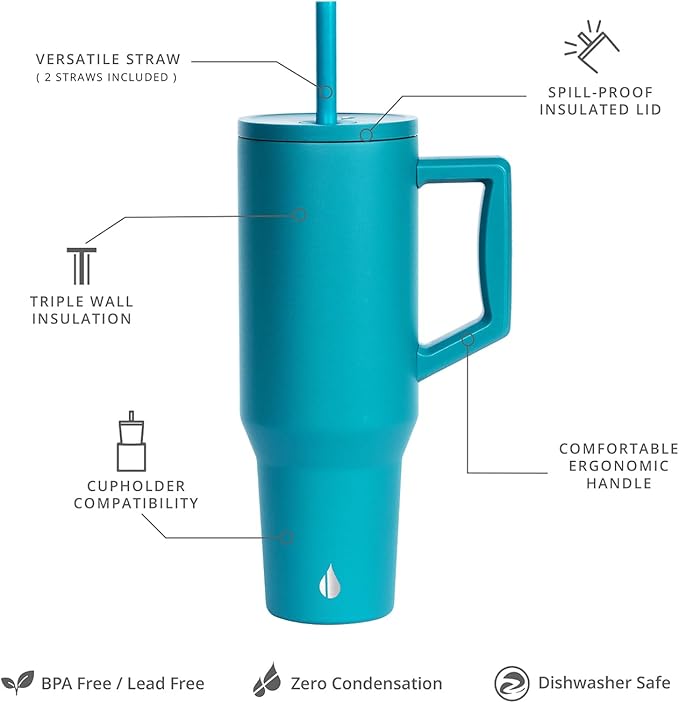 Elemental 40 oz Tumbler with Handle and Straw - Spill Proof Insulated Stainless Steel Commuter for Cold Beverages - Travel Coffee Mug with 2 Straws & Spill Proof Lid - 40oz - Teal