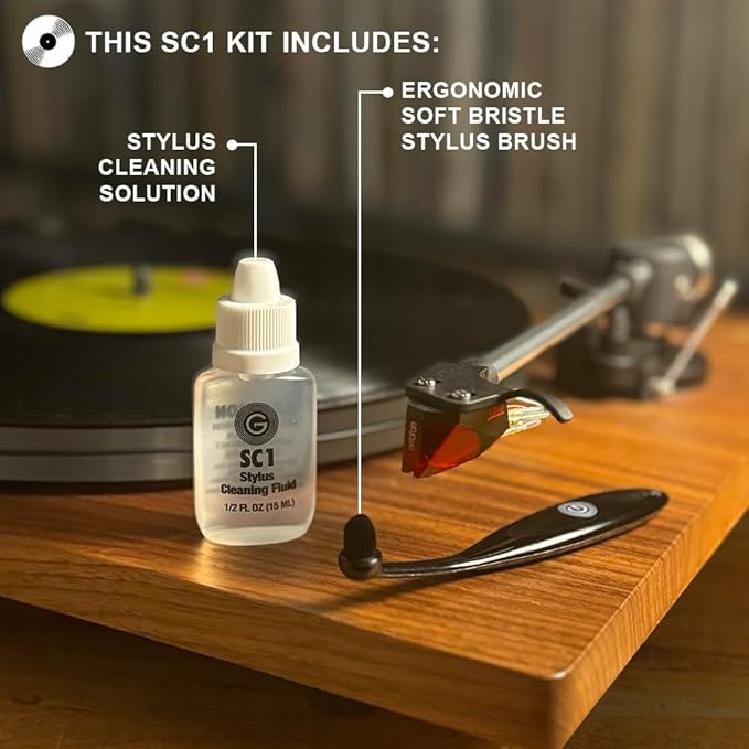 GrooveWasher SC1 Stylus Cleaning Kit to Clean LP Record Player Cartridge Needle – Anti-static Easy-Grip Brush + Stylus Cleaning Solution
