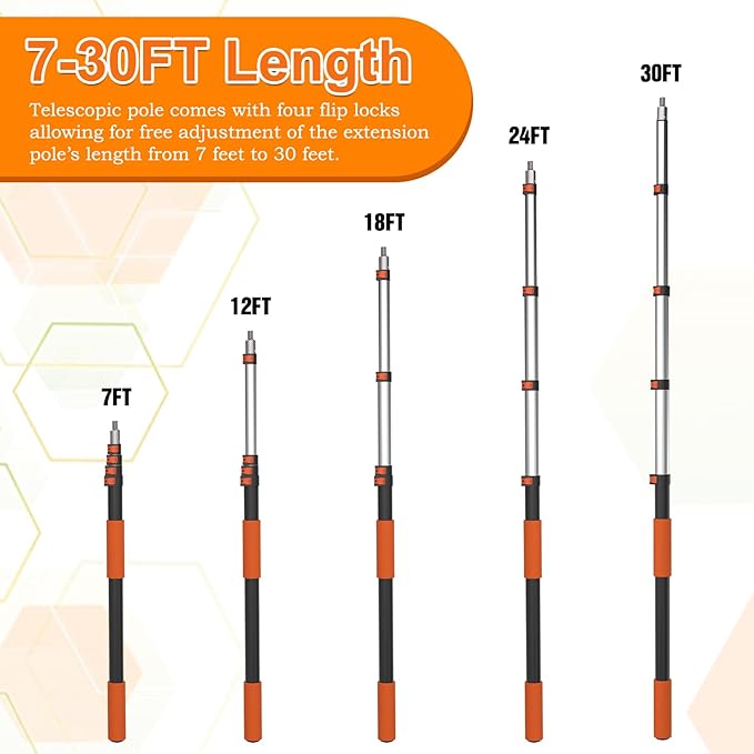 SISUPASSIE Telescoping Extension Pole, Reach to 36FT Telescoping Pole Multi-Purpose 7-30FT Lightweight, Sturdy with Universal Twist-on Metal Tip Extendable for Dusting Painting Window Cleaning