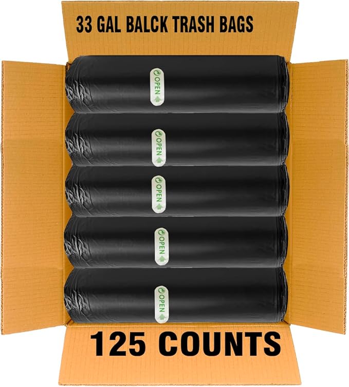BEIDOU-PAC 33 Gallon Trash Bags, 125 Count, Black Garbage bags, Multi-purpose Trash Can Bin Liners for Home Commercial, Outdoor, Construction, Industrial, Janitorial, Municipal, Lawn, Leaf