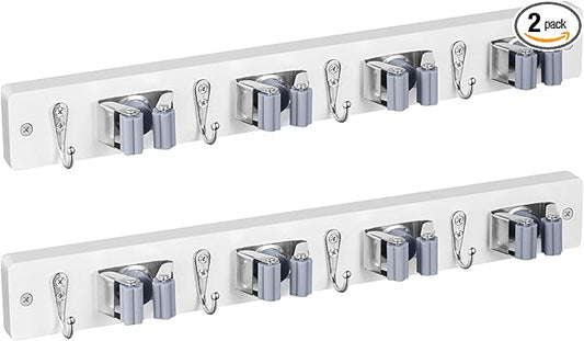 OUTNILI 2 Pack Mop Broom Holder Wall Mount - White Wood Broom Mop Hanger - Wall Mounted Garden Tool Rack Organizer for Closet Garage Laundry Room, 4 Slots & 4 Hooks