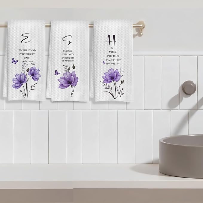 Purple Floral Christian Kitchen Towels, Inspirational Bible Verses Hand Towels for Bathroom Decor, Christian Gifts for Women, Religious Decor Dish Tea Towels for Kitchen, 16x24 Inch Set of 3
