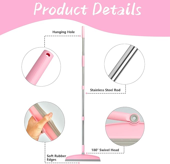 Multifunction Silicone Broom, 54 Inch Adjustable Long Handle Rubber Broom Sweeper(Grey Pink)+Washing Machine Cleaner Tablets 24 Pack