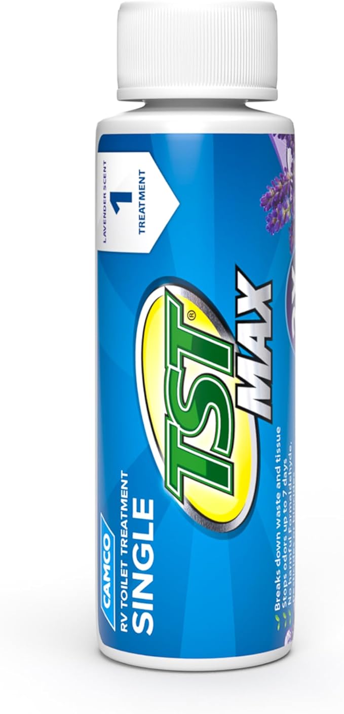 Camco TST MAX RV Toilet Treatment - Formaldehyde Free - Breaks Down Waste And Tissue - Septic Tank Safe - Treats up to 8-40 Gallon Holding Tanks -Lavender Scent, (8) 4 oz Bottles (41551)