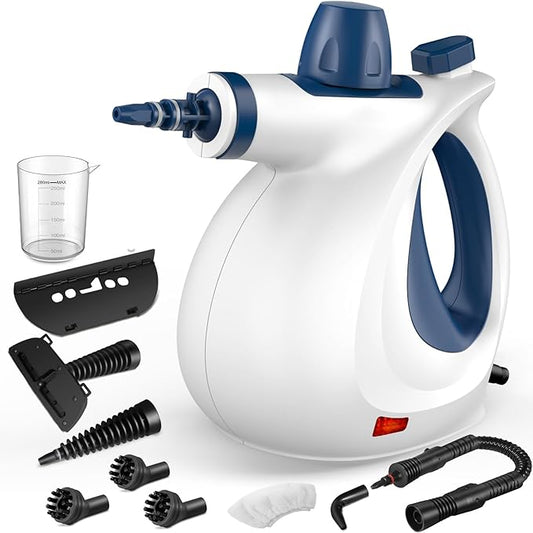 Pressurized Handheld Multi-Surface Natural Steam Cleaner with 12 pcs Accessories, Multi-Purpose Steamer for Home Use, Steamer for Cleaning Floor, Upholstery, Grout and Car (Grey) (White&Blue)
