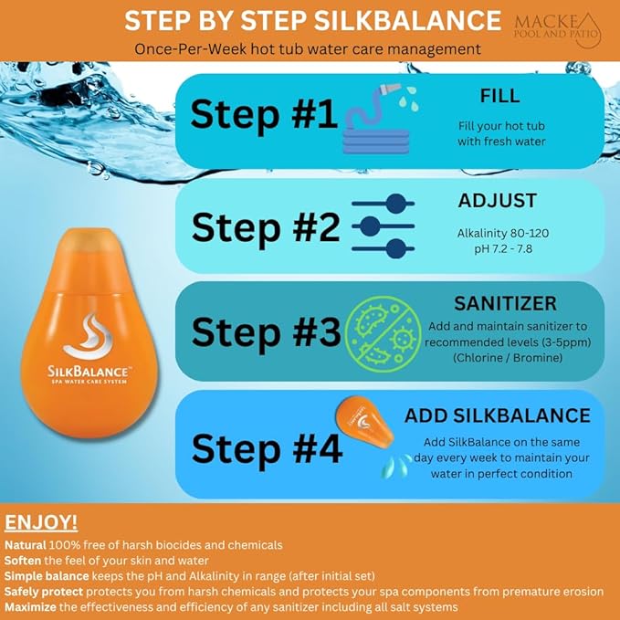 Macke Pool & Patio Silk Balance hot tub solution 76oz or 38oz, Oil-Absorbing Sponge for Spas, Natural Treatment to Keep pH Alkalinity Balanced Tubs, Spa, SILKBALANCE Water Care (38oz)
