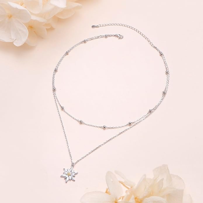 FLYOW Layered Choker Necklace S925 Sterling Silver Star Full Moon Daisy Flower Pendant Disc Jewelry Adjustable Clavicle Necklaces for Women Girls Birthday Gifts