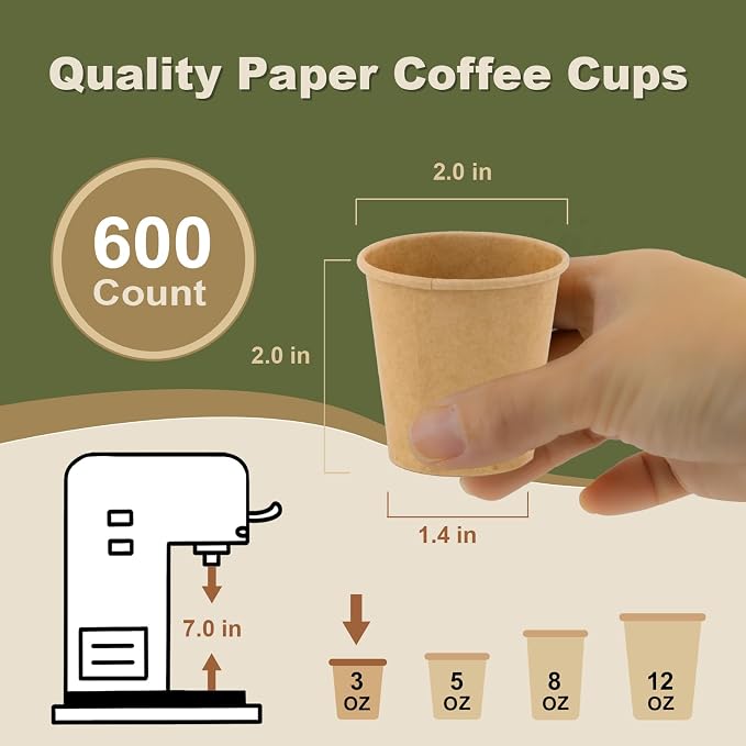 3 oz 600 Pack Disposable Coffee Cups, Bulk Brown Disposable Paper Cups, Coffee Cups for Hot Tea, Chocolate and Cold Drinks