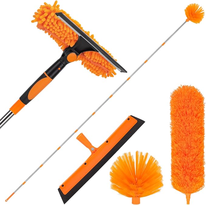Cobweb Duster Kit and Window Squeegee Cleaner Tool with Extension Pole: 165 Inch 4-in-1 High Ceiling Dusting and Window Cleaning Kit - Cobweb Duster and Feather Duster