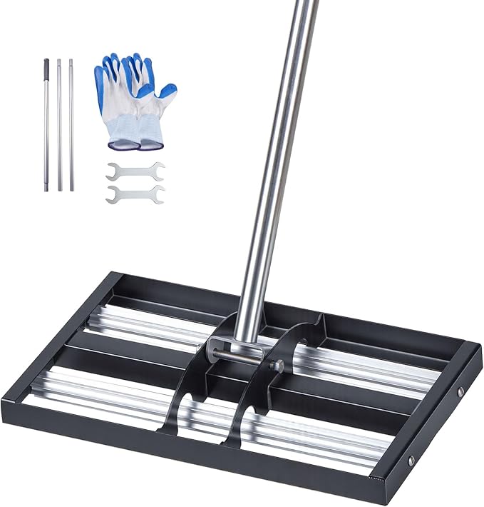 VEVOR Updated Lawn Leveling Rake with Roller, 17" x 10" Stainless Steel Lawn Leveler with 63.4" Adjustable Handle, Heavy Duty Yard Leveling Rake, Effort Saving Lawn Leveling Tool for Yard Golf Court