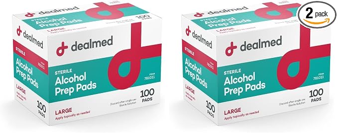 Dealmed Alcohol Prep Pads – 100 Count Large Latex-Free Gamma Sterilized Antiseptic Wipes, Wound Care Products for First Aid Kits, Home, and Medical Facilities (Pack of 2)