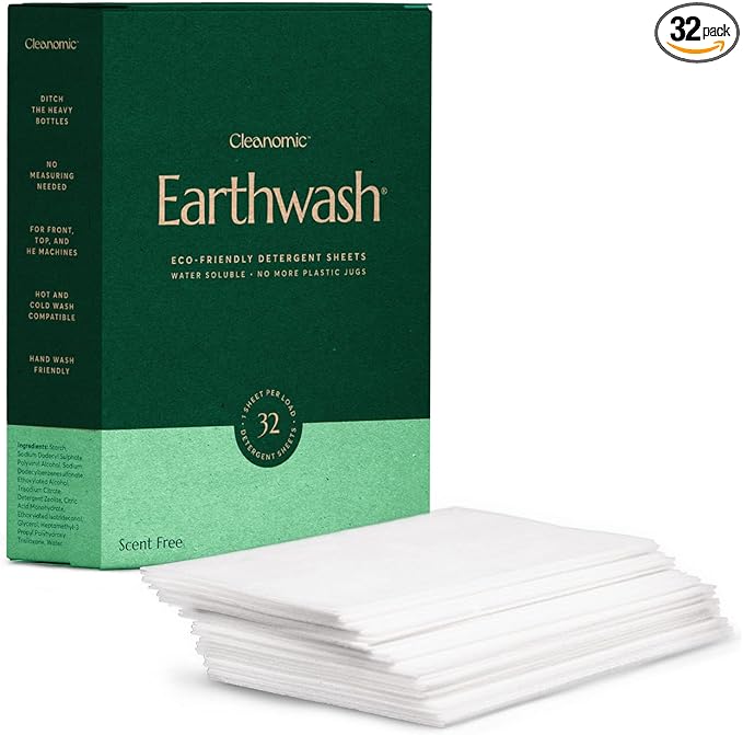 earthwash Laundry Sheets, Scent-Free (32 Loads), The Perfect Plastic Free Detergent Strips, Ideal for TravelHome Use. Biodegradable-Easy Dissolve, True Eco-Wash