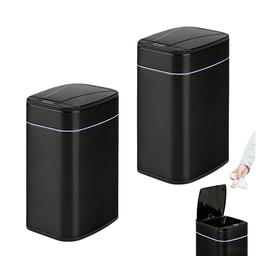 Garbage Can with Lid, Intelligent Sensor Opening and Closing, Small Garbage Can for Living Room, Bedroom, Kitchen and Bathroom (2, Square Black)