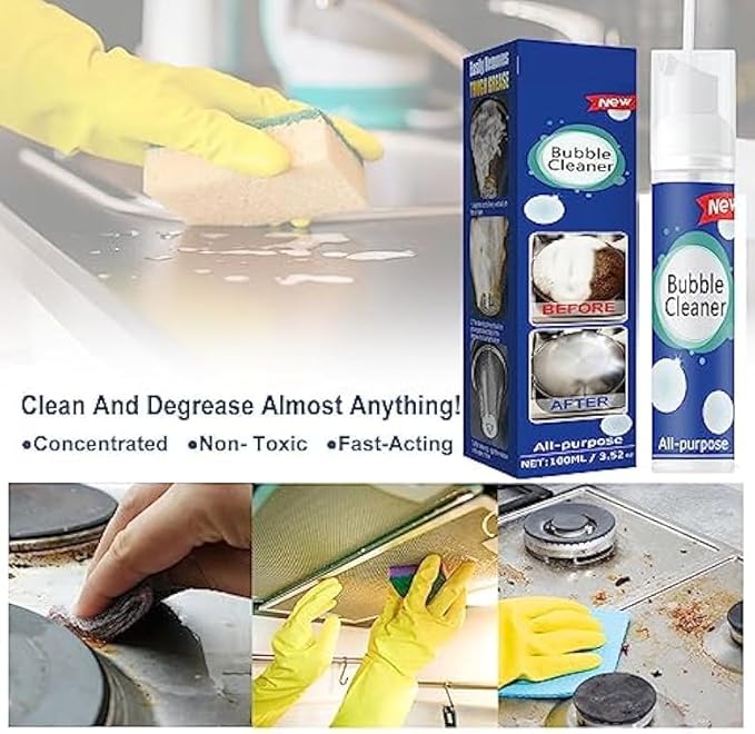 2PCS Bubble Cleaner Foam, Foaming Heavy Oil Stain Cleaner, Stubborn Grease & Grime wipe Spray, All Purpose Cleaning for Kitchen and Other Stains