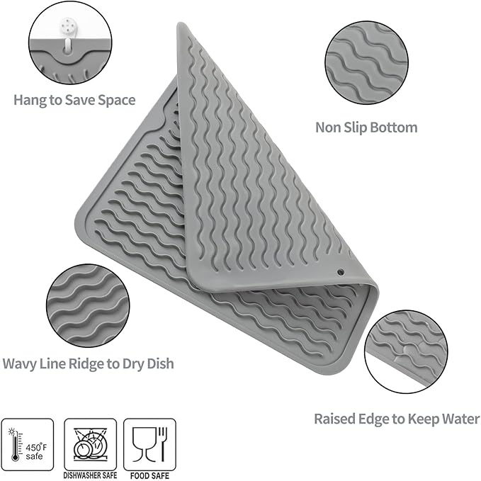 MicoYang Silicone Dish Drying Mat for Multiple Usage,Easy clean,Eco-friendly,Heat-resistant Silicone Mat for Kitchen Counter or Sink,Refrigerator or Drawer liner Grey M 12 inches x 12 inches